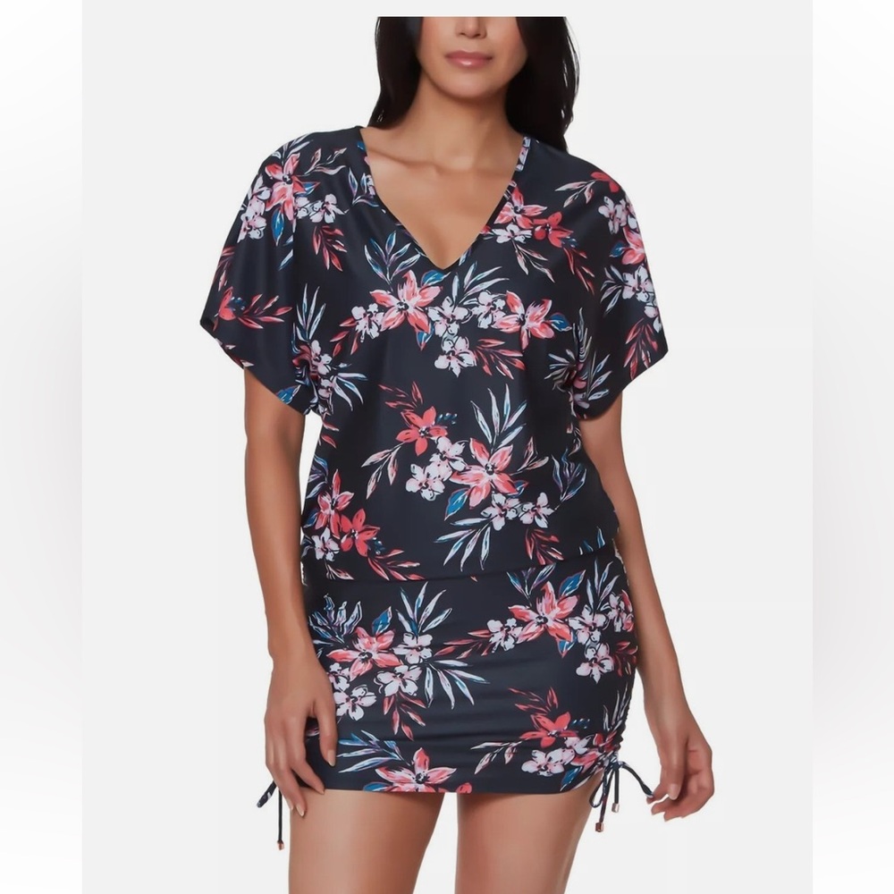 Bar III Black Coverup  with Pink and White Floral Design